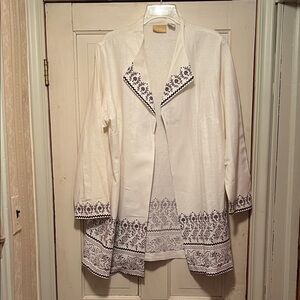 Elegant Cream with Brown Print Design Women's Jacket Linen